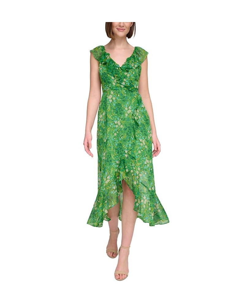 Women's Printed Ruffle-Front Sleeveless Midi Dress Green Multi $51.20 Dresses