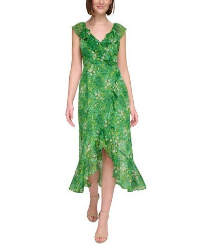 Women's Printed Ruffle-Front Sleeveless Midi Dress Green Multi $51.20 Dresses