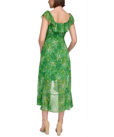 Women's Printed Ruffle-Front Sleeveless Midi Dress Green Multi $51.20 Dresses