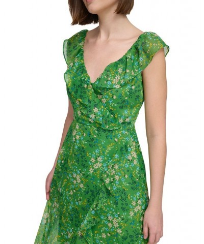 Women's Printed Ruffle-Front Sleeveless Midi Dress Green Multi $51.20 Dresses