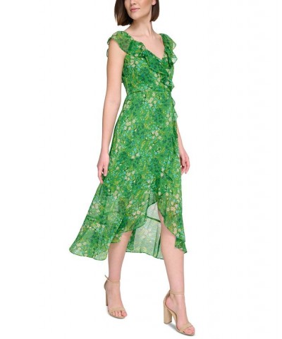 Women's Printed Ruffle-Front Sleeveless Midi Dress Green Multi $51.20 Dresses