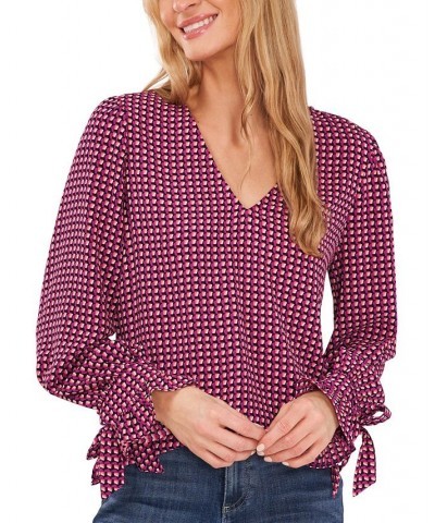 Women's Long Sleeve Floral-Print Tie-Sleeve Blouse Purple $22.62 Tops