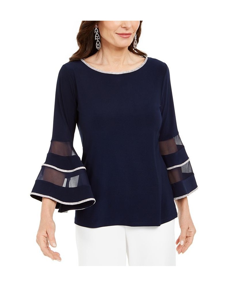 Illusion Rhinestone Bell-Sleeve Top Navy Blue $41.87 Tops