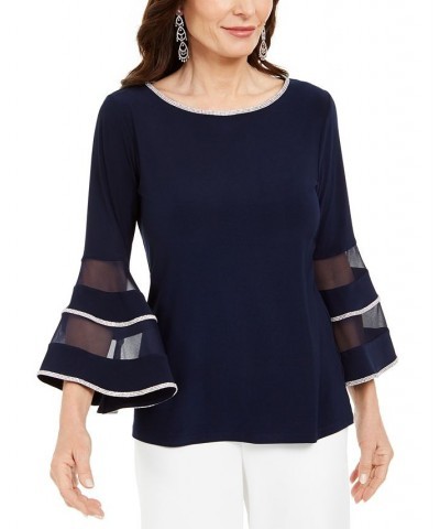 Illusion Rhinestone Bell-Sleeve Top Navy Blue $41.87 Tops