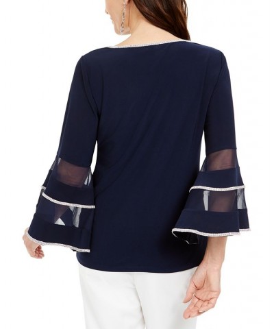 Illusion Rhinestone Bell-Sleeve Top Navy Blue $41.87 Tops