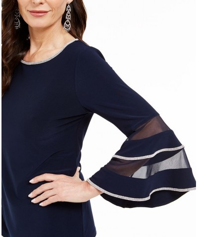 Illusion Rhinestone Bell-Sleeve Top Navy Blue $41.87 Tops