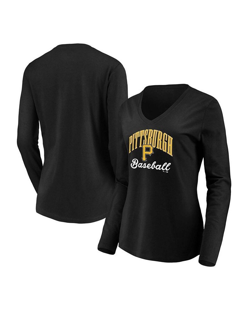 Women's Black Pittsburgh Pirates Victory Script V-Neck Long Sleeve T-shirt Black $24.29 Tops