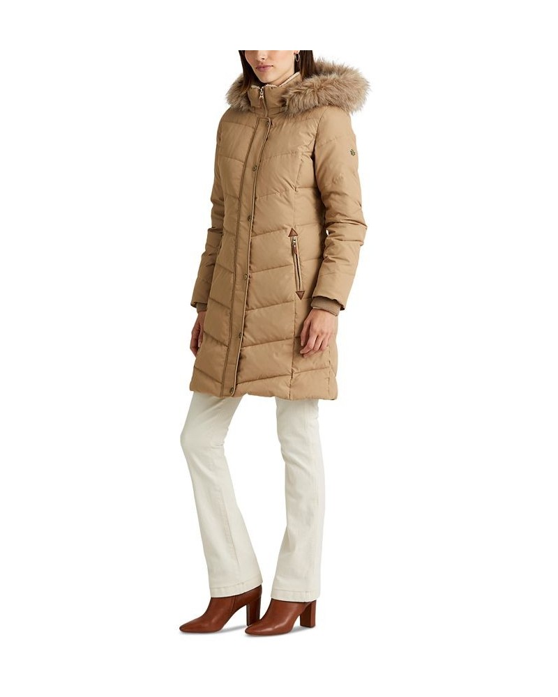 Women's Faux-Fur-Trim Hooded Down Puffer Coat Light Sand $92.40 Coats