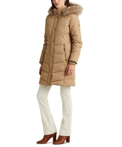 Women's Faux-Fur-Trim Hooded Down Puffer Coat Light Sand $92.40 Coats