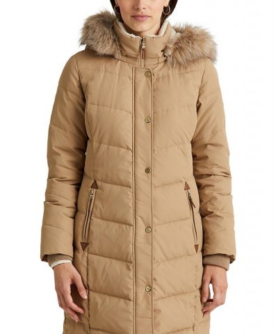 Women's Faux-Fur-Trim Hooded Down Puffer Coat Light Sand $92.40 Coats